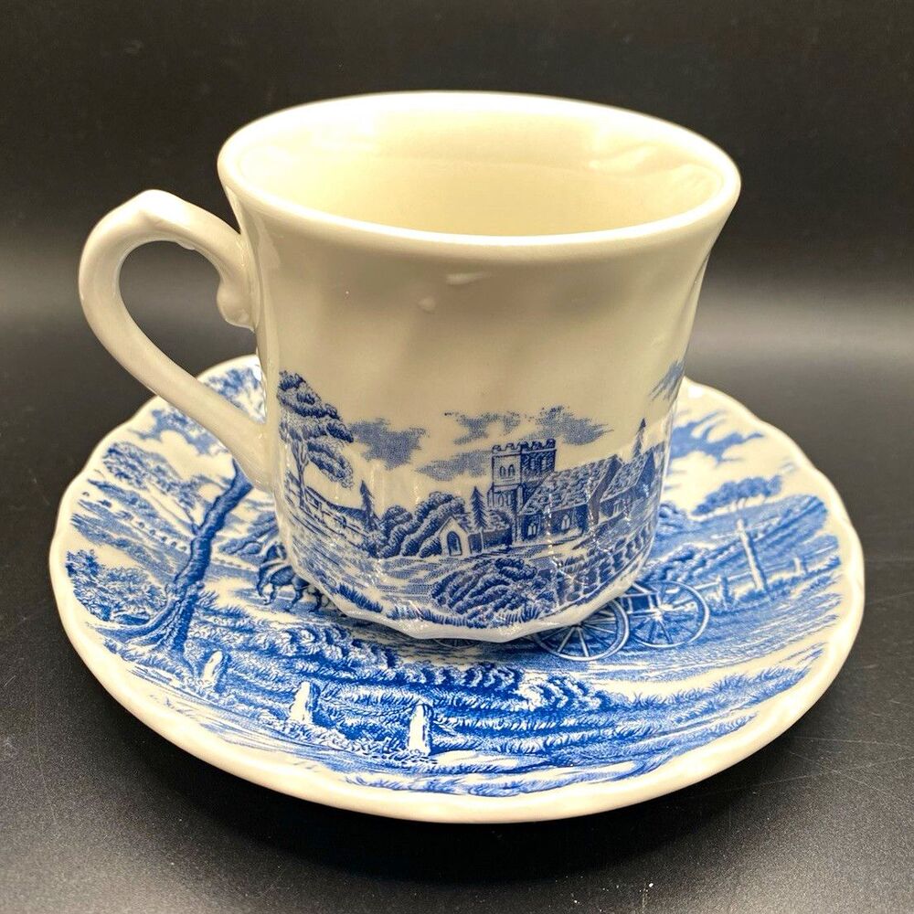 Wessex Collection Blue & White Scenic Ceramic Cup & Saucer Set 2-Piece England